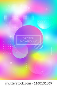 Dynamic shape background with liquid fluid. Holographic bauhaus gradient with memphis elements. Graphic template for flyer, ui, magazine, poster, banner and app. Plastic dynamic shape background.