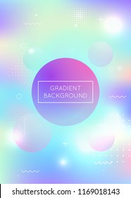 Dynamic shape background with liquid fluid. Holographic gradient with memphis elements. Graphic template for book, annual, mobile interface, web app. Iridescent dynamic shape background.
