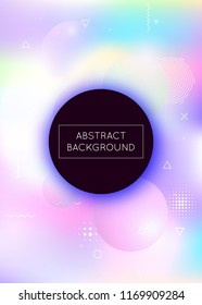 Dynamic shape background with liquid fluid. Holographic bauhaus gradient with memphis elements. Graphic template for placard, presentation, banner, brochure. Bright dynamic shape background.