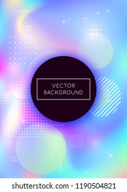 Dynamic shape background with liquid fluid. Holographic bauhaus gradient with memphis elements. Graphic template for brochure, banner, wallpaper, mobile screen. Iridescent dynamic shape background.