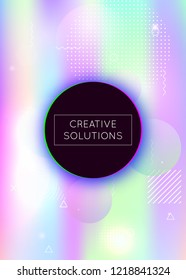 Dynamic shape background with liquid fluid. Holographic bauhaus gradient with memphis elements. Graphic template for flyer, ui, magazine, poster, banner and app. Rainbow dynamic shape background.
