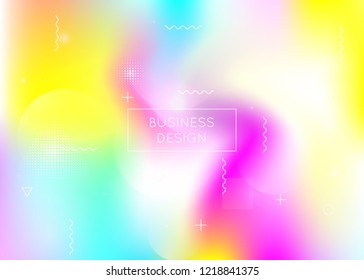 Dynamic shape background with liquid fluid. Holographic bauhaus gradient with memphis elements. Graphic template for placard, presentation, banner, brochure. Bright dynamic shape background.