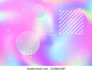 Dynamic shape background with liquid fluid. Holographic bauhaus gradient with memphis elements. Graphic template for book, annual, mobile interface, web app. Neon dynamic shape background.