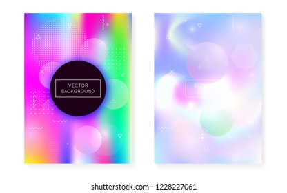 Dynamic shape background with liquid fluid. Holographic bauhaus gradient with memphis cover. Graphic template for flyer, ui, magazine, poster, banner and app. Neon dynamic shape background.
