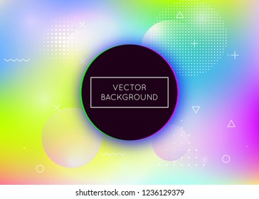 Dynamic shape background with liquid fluid. Holographic bauhaus gradient with memphis elements. Graphic template for book, annual, mobile interface, web app. Retro dynamic shape background.