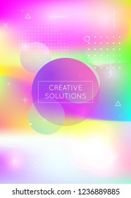 Dynamic shape background with liquid fluid. Holographic bauhaus gradient with memphis elements. Graphic template for book, annual, mobile interface, web app. Fluorescent dynamic shape background.