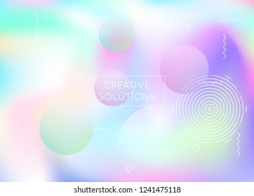 Dynamic shape background with liquid fluid. Holographic bauhaus gradient with memphis elements. Graphic template for book, annual, mobile interface, web app. Retro dynamic shape background.
