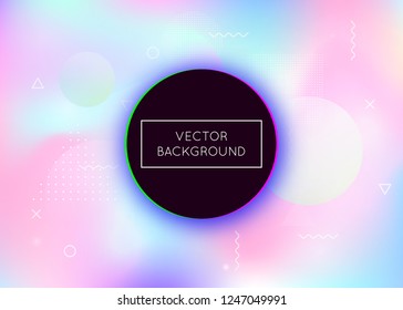 Dynamic shape background with liquid fluid. Holographic bauhaus gradient with memphis elements. Graphic template for book, annual, mobile interface, web app. Iridescent dynamic shape background.