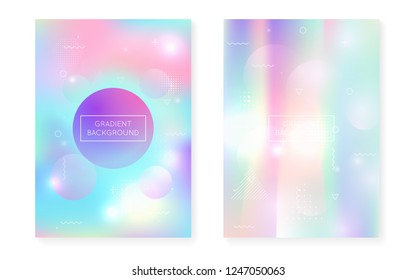Dynamic shape background with liquid fluid. Holographic bauhaus gradient with memphis cover. Graphic template for brochure, banner, wallpaper, mobile screen. Colorful dynamic shape background.
