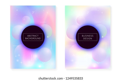 Dynamic shape background with liquid fluid. Holographic bauhaus gradient with memphis cover. Graphic template for book, annual, mobile interface, web app. Spectrum dynamic shape background.