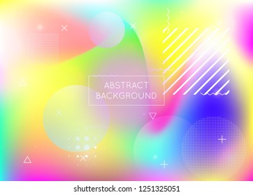 Dynamic shape background with liquid fluid. Holographic bauhaus gradient with memphis elements. Graphic template for brochure, banner, wallpaper, mobile screen. Spectrum dynamic shape background.