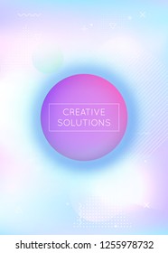 Dynamic shape background with liquid fluid. Holographic bauhaus gradient with memphis elements. Graphic template for brochure, banner, wallpaper, mobile screen. Pearlescent dynamic shape background.