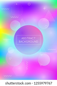 Dynamic shape background with liquid fluid. Holographic bauhaus gradient with memphis elements. Graphic template for placard, presentation, banner, brochure. Futuristic dynamic shape background.