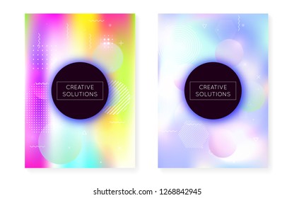 Dynamic shape background with liquid fluid. Holographic bauhaus gradient with memphis cover. Graphic template for placard, presentation, banner, brochure. Vibrant dynamic shape background.