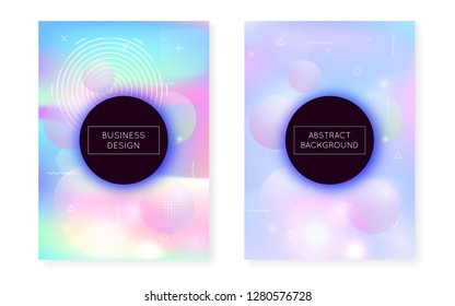 Dynamic shape background with liquid fluid. Holographic bauhaus gradient with memphis cover. Graphic template for placard, presentation, banner, brochure. Plastic dynamic shape background.