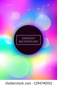 Dynamic shape background with liquid fluid. Holographic bauhaus gradient with memphis elements. Graphic template for placard, presentation, banner, brochure. Retro dynamic shape background.