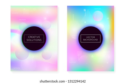 Dynamic shape background with liquid fluid. Holographic bauhaus gradient with memphis cover. Graphic template for book, annual, mobile interface, web app. Hipster dynamic shape background.