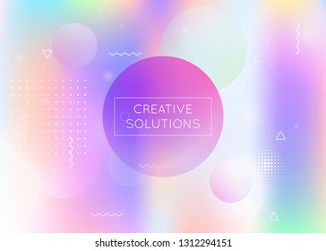 Dynamic shape background with liquid fluid. Holographic bauhaus gradient with memphis elements. Graphic template for book, annual, mobile interface, web app. Rainbow dynamic shape background.