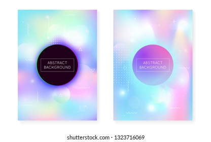 Dynamic shape background with liquid fluid. Holographic bauhaus gradient with memphis cover. Graphic template for brochure, banner, wallpaper, mobile screen. Fluorescent dynamic shape background.