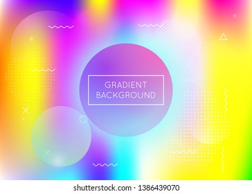 Dynamic shape background with liquid fluid. Holographic bauhaus gradient with memphis elements. Graphic template for flyer, ui, magazine, poster, banner and app. Fluorescent dynamic shape background.
