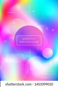 Dynamic shape background with liquid fluid. Holographic bauhaus gradient with memphis elements. Graphic template for placard, presentation, banner, brochure. Retro dynamic shape background.