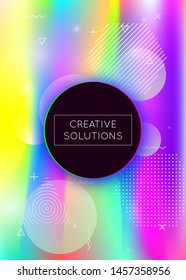 Dynamic shape background with liquid fluid. Holographic bauhaus gradient with memphis elements. Graphic template for flyer, ui, magazine, poster, banner and app. Bright dynamic shape background.