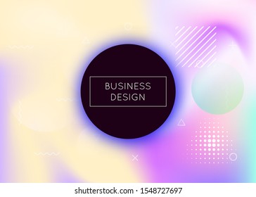 Dynamic shape background with liquid fluid. Holographic bauhaus gradient with memphis elements. Graphic template for book, annual, mobile interface, web app. Retro dynamic shape background.