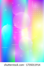 Dynamic shape background with liquid fluid. Holographic bauhaus gradient with memphis elements. Graphic template for brochure, banner, wallpaper, mobile screen. Fluorescent dynamic shape background.
