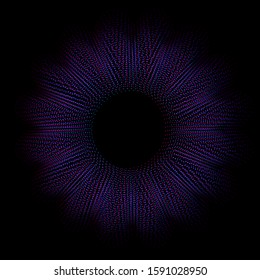 Partículas de forma dinámicas color azul y púrpura sobre fondo negro, anillo de cuadro redondo geométrico abstracto de moda
