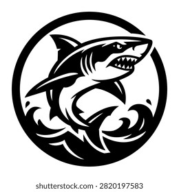 Dynamic shark badge with crashing waves inside a circular frame, designed for marine branding, sport fishing clubs, outdoor apparel, nautical merchandise and bold vector graphics.