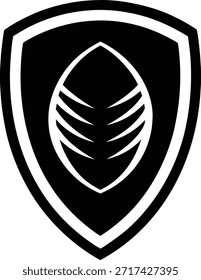 Un emblema de escudo dinámico con una pelota de rugby clásica en su centro, que simboliza el deporte, la competencia y el espíritu de equipo.