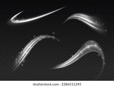 Dynamic shiny waves. Twist with sparkle dust. White glowing motion line. Light sparkling effect. Luminous lines of speed. Magic speed flying trails of shine, bright shimmer particles fly Vector