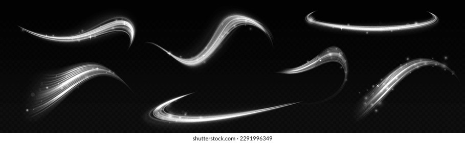 Dynamic shiny waves. Twist with sparkle dust. White glowing motion line. Light sparkling effect. Luminous lines of speed. Magic speed flying trails of shine, bright shimmer particles fly Vector