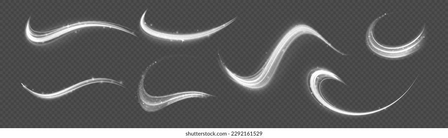 Dynamic shiny waves. Twist with sparkle dust. White glowing motion line. Light sparkling effect. Luminous lines of speed. Magic speed flying trails of shine, bright shimmer particles fly Vector