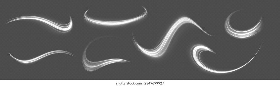 Dynamic shiny waves. Twist with sparkle dust. White glowing motion line. Light sparkling effect. Luminous lines of speed. Magic speed flying trails of shine, bright shimmer particles fly Vector
