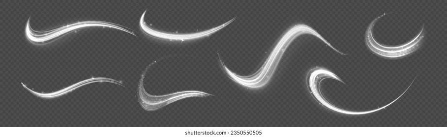 Olas brillantes dinámicas. Giro con polvo espumoso. Línea blanca de movimiento brillante. Efecto espumoso claro. Líneas de velocidad luminosas. Rayos voladores de velocidad mágica de brillo, partículas brillantes volando Vector
