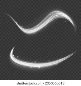 Dynamic shiny waves. Twist with sparkle dust. White glowing motion line. Light sparkling effect. Luminous lines of speed. Magic speed flying trails of shine, bright shimmer particles fly Vector