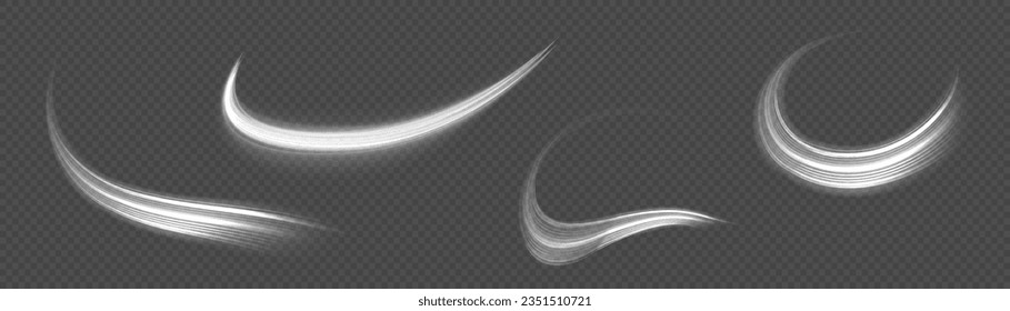 Dynamic shiny waves. Twist with sparkle dust. White glowing motion line. Light sparkling effect. Luminous lines of speed. Magic speed flying trails of shine, bright shimmer particles fly Vector