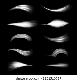 Dynamic shiny waves. Twist with sparkle dust. White glowing motion line. Light sparkling effect. Luminous lines of speed. Magic speed flying trails of shine, bright shimmer particles fly Vector