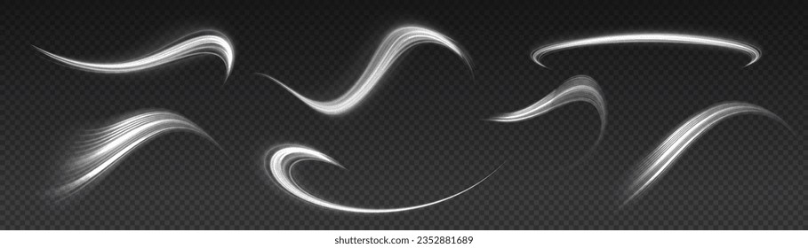 Dynamic shiny waves. Twist with sparkle dust. White glowing motion line. Light sparkling effect. Luminous lines of speed. Magic speed flying trails of shine, bright shimmer particles fly Vector