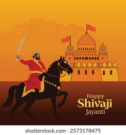 A dynamic Shivaji Jayanti greeting featuring Chhatrapati Shivaji Maharaj on horseback, holding a raised sword and a saffron flag, with a glowing background and silhouettes of his army, symbolizing cou