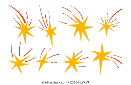 Dynamic Shooting Stars with Radiant Trails. A complete set of 8 vibrant shooting stars in yellow with red or orange trails, perfect for celestial and cosmic-themed designs