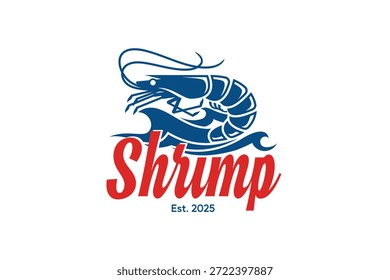 Logotipo dinámico del camarón colocado sobre la ola del océano. Diseño fuerte y audaz ideal para restaurantes de mariscos, marcas de mariscos, negocios de pesca, productos del océano, identidad marina y marca de alimentos.