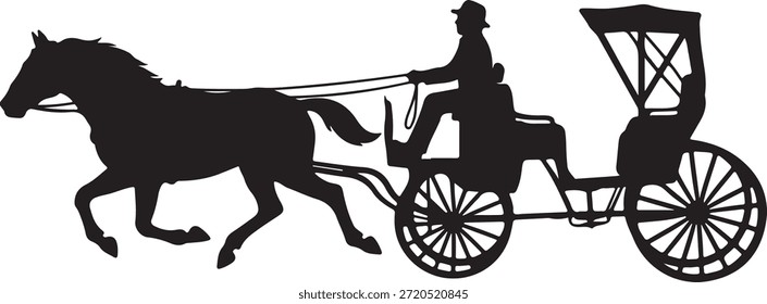 Dynamic side view of a horse in full stride, harnessed to a classic open-top carriage with a person at the reins.