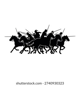 A dynamic silhouette of ancient warriors on horseback, charging forward with spears, depicting a historical battle scene.