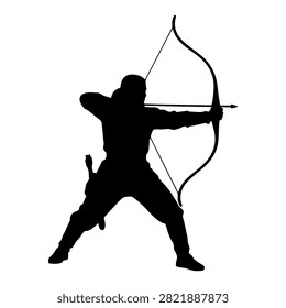 Dynamic silhouette of an archer aiming with a bow, showcasing precision and focus in a powerful stance, emphasizing strength and concentration.