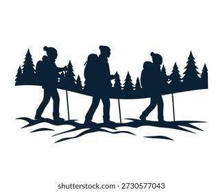 Dynamic silhouette artwork depicting three trekkers navigating a snowy terrain amidst towering evergreen trees, symbolizing winter outdoor activities and wilderness adventure