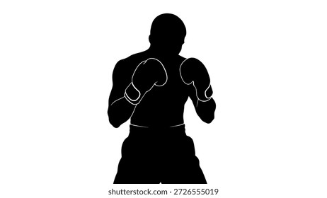 A dynamic silhouette of a boxer in a fighting stance, isolated on a white background.