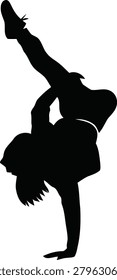 Dynamic silhouette of breakdancer, acrobatic power move, urban street style, black graphic on transparent background, Bboy, dance competition, athletic skill, energetic performance.