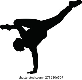 Dynamic silhouette of breakdancer, handstand pose, urban dance, Bboy action, black graphic on transparent background, street culture, athletic feat, acrobatic move, energetic.